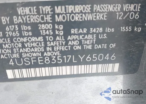 2007 BMW X5 4.8I из США, поврежденный, VIN 4USFE83517LY65046